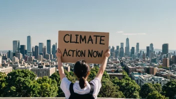 En person som holder et skilt som sier 'Klimaaksjon nå' med en bysilhuett i bakgrunnen.