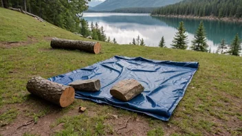 Et vannavstøtende teltunderlag eller piknikkteppe lagt ut på bakken, med noen steiner eller kubber som holder det på plass, i et naturskjønt utendørsmiljø.