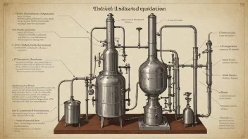 En illustrasjon av et destillasjonsapparat brukt til alkoholdestillasjon.