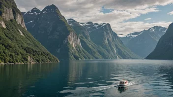 Geirangerfjorden, en fjord i vestlige Norge, kjent for sine bratte fjell og majestetiske fossefall.