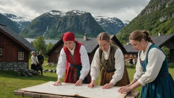 En gruppe mennesker i tradisjonelle klær, som arbeider sammen på et prosjekt, med en bakgrunn av tradisjonelle norske bygninger og landskap.