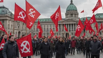 En gruppe mennesker demonstrerer for sosialisme foran en parlamentsbygning.