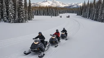 En gruppe mennesker på snøskuteretur i et vinterlandskap.