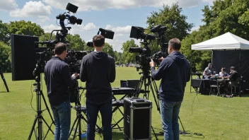 En gruppe mennesker som setter opp kameraer, lys og annet utstyr for en TV-sending