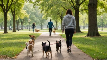 En hundegjeter som går flere hunder på bånd i en park