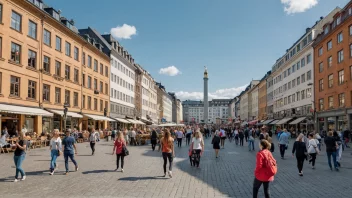 En livlig offentlig plass i Oslo med ulike butikker, kafeer og kulturelle arrangementer