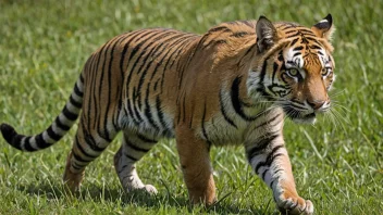 En katt med tigerlignende trekk løper gjennom en eng med gress.