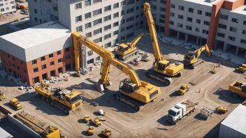 En illustrasjon av en byggeplass med bygninger og maskiner.