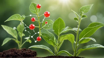 En illustrasjon av en plante med kjemiske reaksjoner og molekyler i bakgrunnen, som representerer feltet fytokjemi.