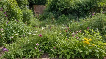 Et bilde av en hage som ikke har blitt vedlikeholdt, med ugress og blomster som vokser overalt.