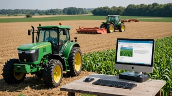 Et bilde av et datamaskinsystem med en traktor og en åker i bakgrunnen, som representerer et landbruksassistansesystem.