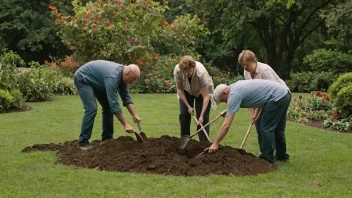 En gruppe mennesker som graver sammen i en hage eller en park.