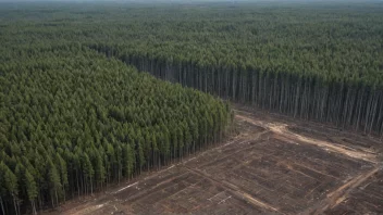 En skog med et stort område av hogst, som symboliserer overutvinning av naturressurser.