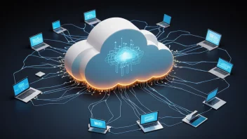 Et bilde som representerer en skytjeneste, med en datamaskin-brikke i sentrum av en stilisert sky, omgitt av datastrømmer og nettverksforbindelser.