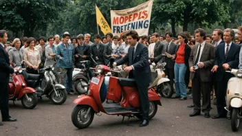 En gruppe mennesker samlet rundt en samling mopeder, med et banner eller skilt med teksten 'Mopedforening' i bakgrunnen.