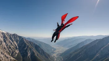 En person i en wingsuit flyr gjennom luften med et fjellandskap i bakgrunnen.