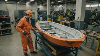 En person i en fabrikk som bygger en redningsbåt.