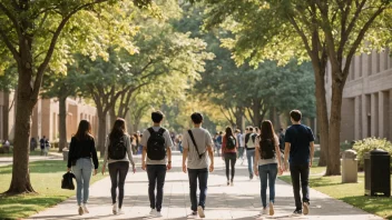 Et universitetsområde med studenter på vei til klassen