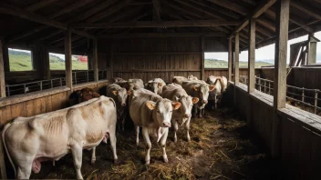 Et tradisjonelt norsk kuhus med skråtak og trevegger, med kuer som spiser høy inni.