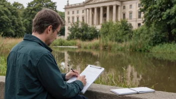 En person observerer naturen i et reservat med en regjeringsbygning i bakgrunnen.