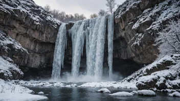 En frossen foss i et vinterlandskap