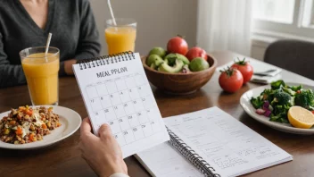 En person som holder en matplan med en kalender i bakgrunnen, med sunt mat og drikke på bordet.