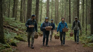 En gruppe mennesker på sopppåvisning i skogen.