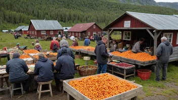 En travel marked i et vakkert norsk myrområde, med selgere som tilbyr lokale spesialiteter.