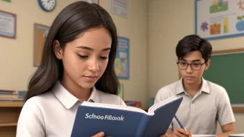 En elev leser i en skolehåndbok, med en vennlig lærer i bakgrunnen.