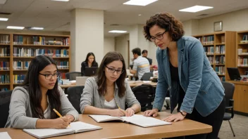 Et universitetsstudiekontor med studenter som arbeider og en bibliotekar eller akademisk rådgiver som hjelper dem.