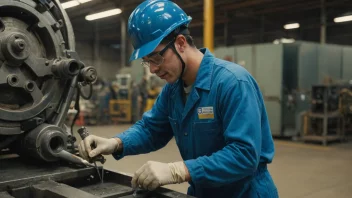 En fabrikkarbeider i blå arbeidsdrakt og hjelm, som arbeider på en maskin.