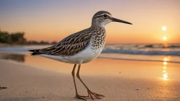 En sandrik med langt nebb, stående på en strand med solnedgang i bakgrunnen.