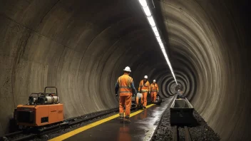 Et bilde som viser innsiden av en tunnel med arbeidere i refleksvester og hjelmer, omgitt av vedlikeholdsutstyr og kjøretøy.