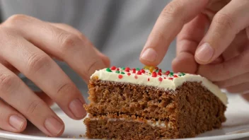 En person tar en småbite av en kake, med et fornøyd uttrykk i ansiktet.