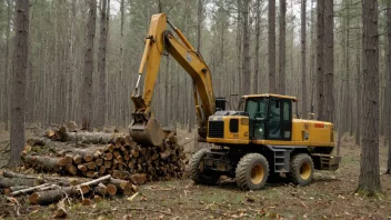 En skog med løvtrær som høstes, med fokus på maskinene og utstyret som brukes i prosessen.