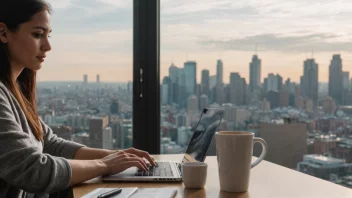 En person som jobber hjemmefra med en laptop og en kopp kaffe.