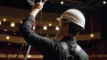 En person i sele og hjelm, som inspekterer riggingen i en teater- eller konsertarena.