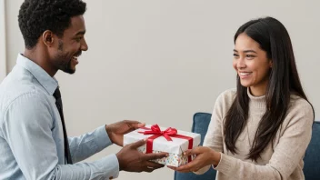 En person gir en gave til en annen person med et smil, illustrerer handlingen å gi