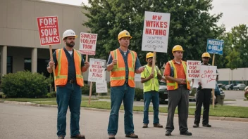 Arbeidere i streik, protesterer for bedre lønn og arbeidsforhold.