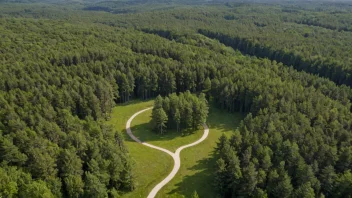 Et stort, åpent område med noen trær og en svingete sti, omgitt av en tett skog.