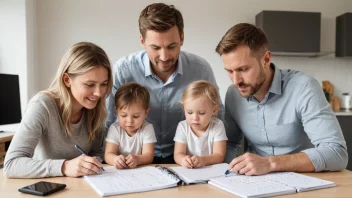 Et bilde av en norsk familie med to arbeidende foreldre og to barn, med en kalender eller planlegger i bakgrunnen.