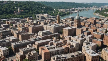 Et bybilde med en blanding av gamle og nye bygninger, som viser kontrasten mellom det naturlige landskapet og den urbane utviklingen.