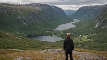 Et naturskjønt bilde av Oppland, med en person i forgrunnen som snakker med en annen person på lokal dialekt.