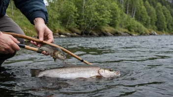 En person i vannstøvler står i en elv, holder en fiskestang med en juksafiske på enden av linen.