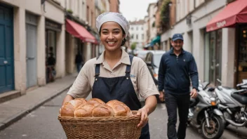 En brødutlevering som overleverer et nybakt brød til en fornøyd kunde.