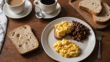 En sunn frokost med scrambled eggs, kaffe og helkornsbrød.