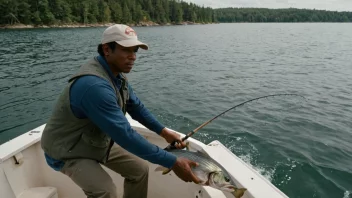 En fiskefisker i en båt, smiler og holder opp en stor fisk