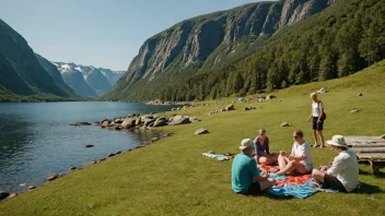 En naturskjønn utsikt over en solrik dag i Norge med mennesker som nyter friluftslivet