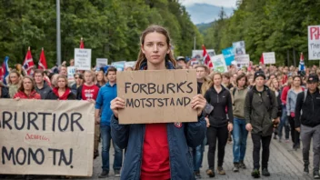 En person som holder et skilt med ordet 'Forbruksmotstand' skrevet på norsk, omgitt av mennesker som protesterer og holder skilt med miljøbudskap.