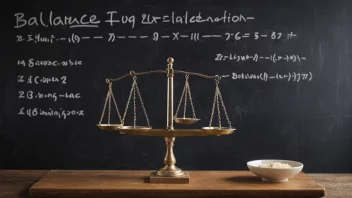 En matematisk ligning på en tavle, med en balanse i bakgrunnen, som representerer begrepet likevekt.